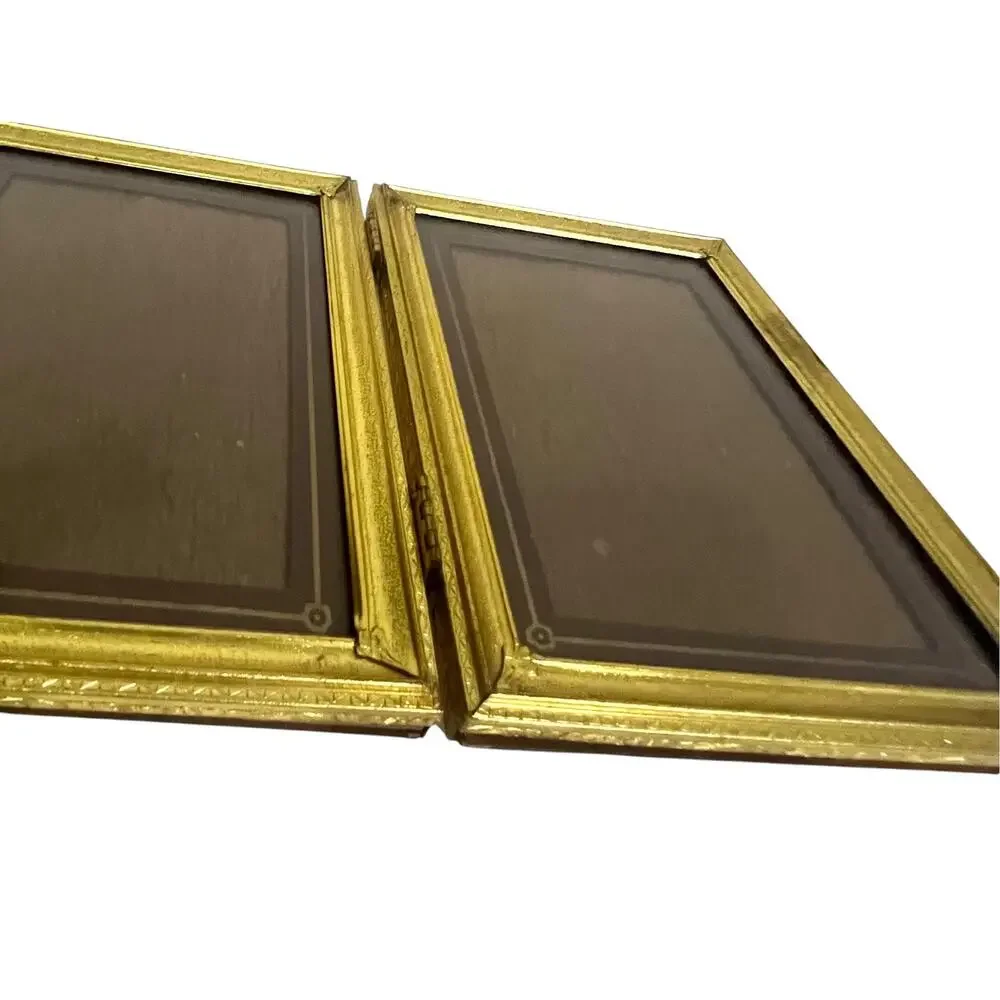 Vintage 60s Brass Photo Picture Frame Bi-Fold Double Hollywood Regency 5x7”